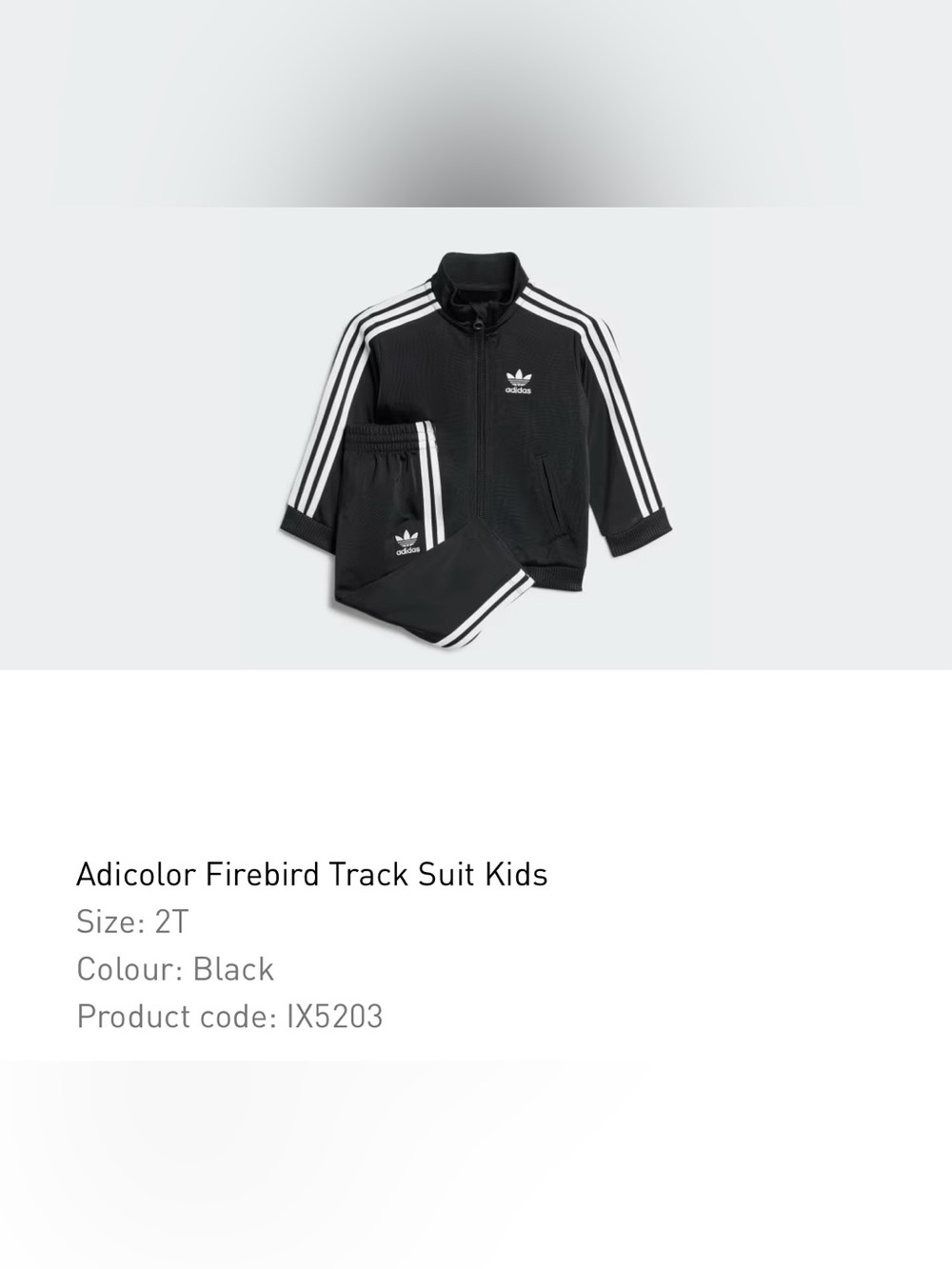 Adidas Firebird Kids Black Track Suit with White Stripes 2T